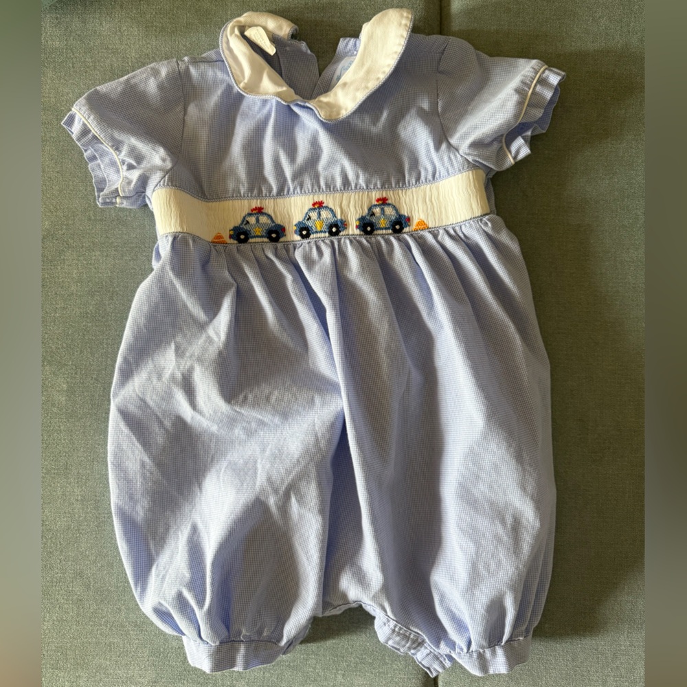 Blue Baby Romper with Smocked Cars